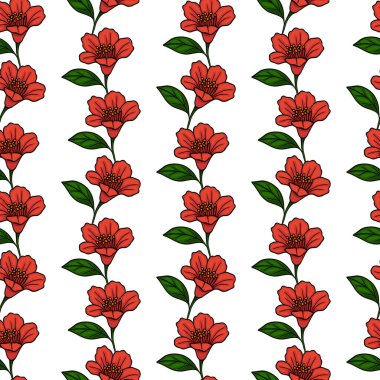 Beyaz arka planda dikey çizgiler halinde düzenlenmiş, şekillendirilmiş kırmızı çiçekli nar deseni canlı ve zarif bir çiçek tasarımı yaratıyor..