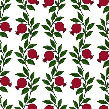 Kırmızı meyveli ve yeşil yapraklı kusursuz nar dalları, Rosh Hashanah ya da sonbahar tasarımları için mükemmel..