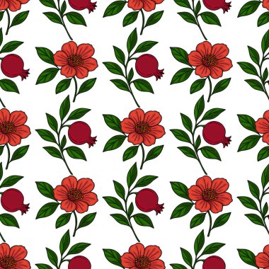 Şekillendirilmiş kırmızı çiçek ve nar desenli kusursuz vektör deseni, Rosh Hashanah veya sonbahar tasarımları için mükemmel, canlı bir renk paleti ve karmaşık detaylar içerir..