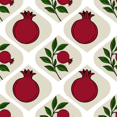 Olgun nar ve yapraklardan oluşan kusursuz vektör deseni, bej ve beyaz arka planda geometrik bir dizayn ile düzenlenmiş, Rosh Hashanah veya sonbahar tasarımları için mükemmel..