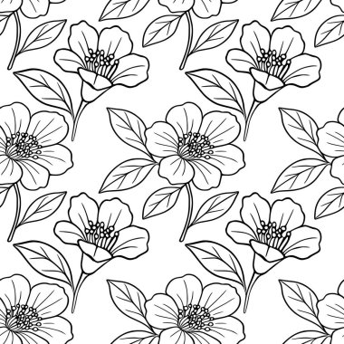 Şekillendirilmiş siyah ve beyaz nar çiçekleri ve yaprakların kusursuz vektör deseni, zarif ve zarif bir çiçek deseni yaratıyor. Tekstil baskıları, duvar kağıtları veya ambalajlar için mükemmel..