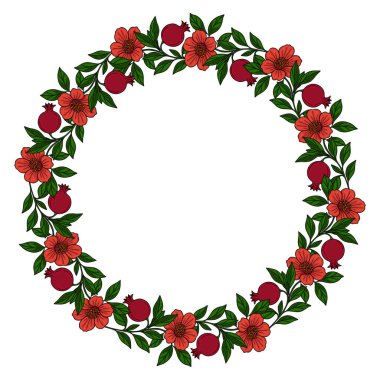 Nar çiçekli ve meyveli zarif bir çerçeve, Rosh Hashanah veya sonbahar tasarımları için mükemmel..