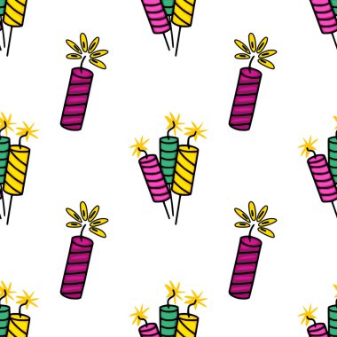 Elle çizilmiş renkli havai fişekler ve kıvılcımlarla kusursuz vektör deseni, şenlikli arka planlar ve izler için mükemmel..