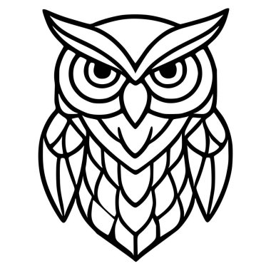 Bir baykuşun kafasının, geometrik, vitray benzeri bir desenle biçimlendirilmiş, beyaz arkaplana karşı koyu siyah çizgiler içeren, çarpıcı ve modern bir tasarım yaratan bir vektör çizimi..