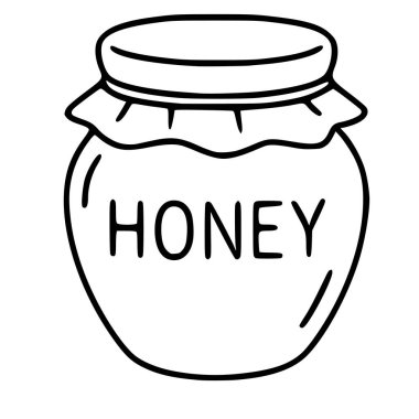 Bir bal kavanozunun el çizimi stili ve açık etiket okuma şekliyle basit vektör çizimi.