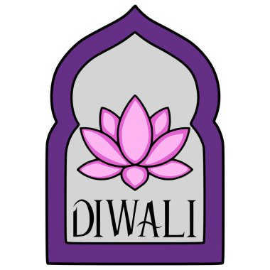 Mor kemerli bir kemer yoluna yerleştirilmiş pembe nilüfer çiçeğini gösteren bir vektör çizimi, zarif bir şekilde DIWALI sözcüğüyle süslenmiş, festival kutlamaları için mükemmel bir görsel tasarım yaratıyor..