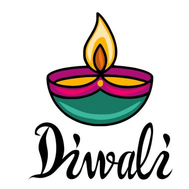 Şenlikli Diwali Vektör İllüstrasyonu parlak bir alevle canlı bir deniz mavisi, pembe ve altın bir diya, zarif bir kaligrafi ile tamamlanmış Diwali..