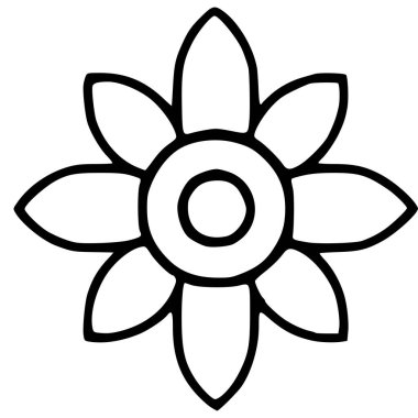 Basit ama zarif bir çiçek motifi gerektiren tasarım projeleri için ideal, eş merkezli daireleri ve sekiz yaprağı olan minimalist siyah ve beyaz bir çiçeğin şık vektör çizimi.