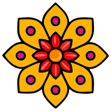 Kalın renkleri ve eşmerkezli daireleri olan, tekstil baskıları veya şenlik tasarımları için mükemmel biçimlendirilmiş bir çiçeğin canlı vektör çizimi.