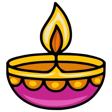 Canlı Bir Diwali Diya 'nın Vektör İllüstrasyonu, Geleneksel Hint Yağ Lambası Canlı Alev ve Süslü Tasarımlı, Kutlama İçin Mükemmel.