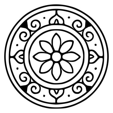 Karmaşık girdaplar ve geometrik şekillerle çevrili merkezi bir çiçek motifi içeren zarif tek renkli vektör mandala tasarımı dekoratif amaçlar için mükemmel..