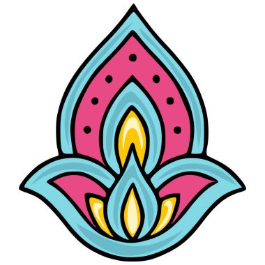 Değişik tasarım uygulamaları için uygun koyu siyah ile özetlenmiş, eşsiz bir deniz mavisi, pembe ve sarı renk karışımına sahip, stilize edilmiş çiçek motifinin canlı bir vektör çizimi.