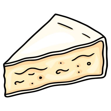 Kremsi bej ve açık beyaz tonlarda elle çizilmiş bir stil içeren Camembert peyniri diliminin tuhaf bir vektör çizimi, yemek blogları için eşsiz bir doku ve oyuncu tasarım sergilemektedir.,...