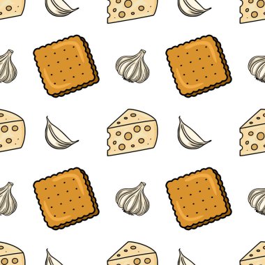 Krakerler, peynir kamaları ve sarımsak karanfillerinin elle çizilmiş resimlerini içeren kusursuz bir vektör deseni, oyuncu ama iştah açıcı bir tasarım yaratıyor..