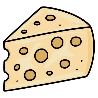 Düzensiz delikleri ve hafifçe ısırılmış bir köşesi olan, kremsi bej ve siyah çizgilerle çizilmiş el çizimi bir dilim Maasdam peynirinin tuhaf bir temsili....