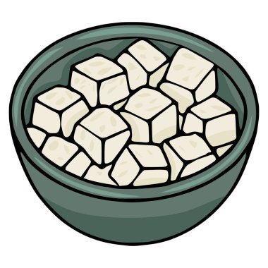 Bir kase küp Feta peynirinin vektör çizimi, kalın çizgilerle çizilmiş bir el yazısı ve beyaz arka planda duran sessiz yeşil kâse..