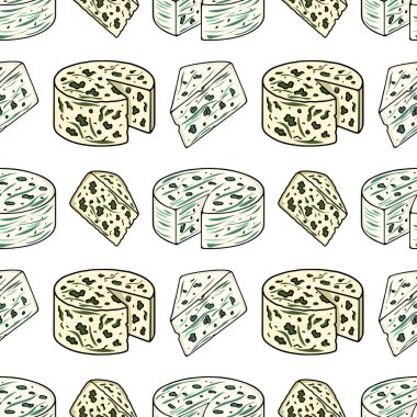 Elle çizilmiş Rokfor ve Dorblu peynir tekerlekleri ve takozlarını içeren kusursuz vektör deseni, eşsiz bir yeşil ve beyaz renk karışımı gösteriyor, mutfak veya süt ürünleri ile ilgili tasarımlar için ideal..
