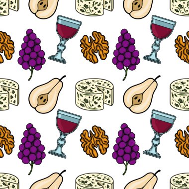 Gurme yiyecek ve şarabın kusursuz vektör deseni: mavi peynir, armut, üzüm, ceviz ve kırmızı şarap kadehleri, canlı, el çizimi tarzıyla gösterilmiştir..