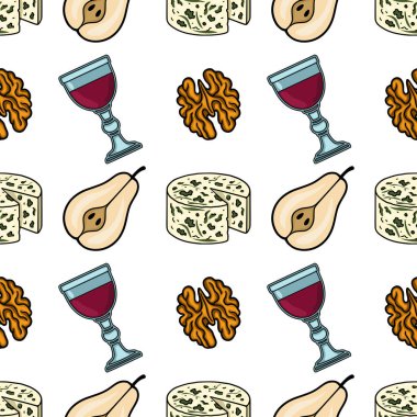 Elle çizilmiş Gorgonzola peyniri, armut, ceviz ve kırmızı şarap kadehlerini içeren kusursuz vektör deseni sofistike ve iştah açıcı bir tasarım yaratıyor..