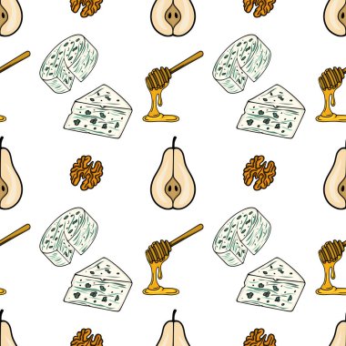Elle çizilmiş mavi peynir, bal, armut ve ceviz örneklerini içeren kusursuz vektör deseni lezzetli bir gurme yemek tasarımı yaratıyor..
