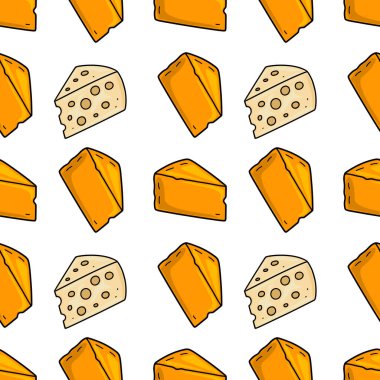 Elle çizilmiş çedar ve İsviçre peyniri dilimlerinin canlı turuncu ve bej tonlarında kusursuz çizimlerini içeren kusursuz bir vektör deseni, gıda paketleme ya da...