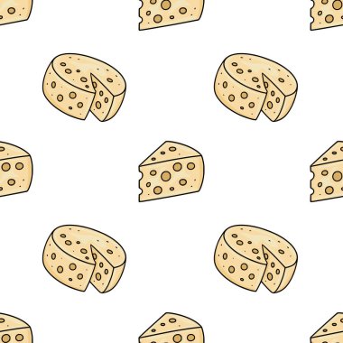 Peynir tekerlekleri ve takozların el çizimleri eşliğinde hoş, pürüzsüz bir desen, soluk sarı ve beyaz renk paletiyle büyüleyici, açık renkli bir stil sergiliyor..