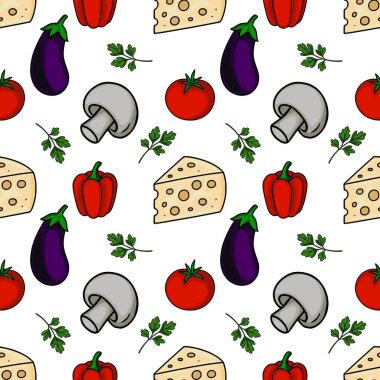 Elle çizilmiş pizza malzemelerinin kusursuz vektör yapısı: peynir, mantar, dolma biber, domates ve maydanoz, canlı ve iştah açıcı bir tasarım yaratıyor..