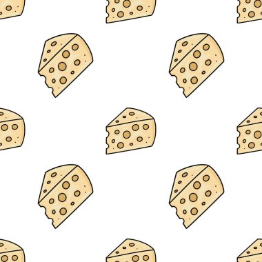 Oynak, çizgi film tarzı ve soluk sarı renk paleti içeren, yiyecekle ilgili tasarımlar için ideal desenli, elle çizilmiş peynirlerin kusursuz vektör kalıpları.