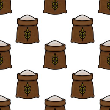 Un dolu kahverengi çuval bezlerinin kusursuz vektör deseni, her çuval üzerinde stilize buğday filizi, fırın veya yiyecekle ilgili projeler için kırsal ve organik tasarım ideali yaratıyor..