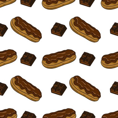 Lezzetli çikolata eklerleri ve çikolataların kusursuz vektör deseni, pastane ambalajı veya tatlı temalı tasarımlar için mükemmel bir illüstrasyon..