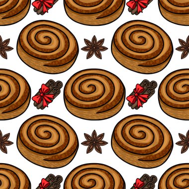 Lezzetli tarçın ruloları, yıldız anasonu ve tarçın çubukları kırmızı kurdeleyle bağlanmış, rahat ve iştah açıcı bir fırın tasarımı yaratıyor..