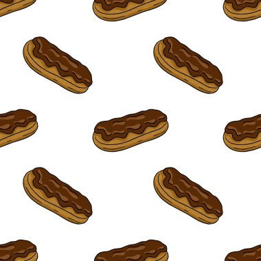 Lezzetli çikolata eklerinin kusursuz vektör deseni, titizlikle el çizimi stiliyle resmedilmiş, gıcır gıcır beyaz arka planda zengin kahverengi renkler barındırıyor..