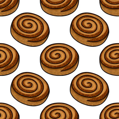 Elle çizilmiş tarçın rulolarının kusursuz vektör deseni, desenli yüzey ve kahverengi gölgeli lezzetli ve iştah açıcı bir fırın tasarımı yaratıyor..