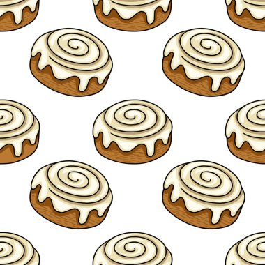Elle çizilmiş tarçınlı ruloların kremalı çizimlerini içeren kusursuz vektör deseni, enfes bir girdap tasarımı ve desenli kahverengi çöreği gösteriyor, fırın markası veya tatlı tr için ideal....