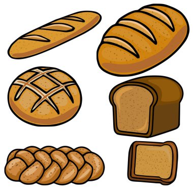 Ekmek, ekmek, ekmek, yuvarlak ekmek, challah ve bir dilim tost gibi çeşitli ekmek çeşitlerini içeren bir vektör illüstrasyonu, her biri odak noktası ile farklı bir çizgi film tarzında hazırlandı....