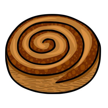 Lezzetli bir tarçın rulosunun vektör çizimi, kahverengi ve bronzlaşmış renklerle detaylı bir spiral deseni gösteriyor, desenli detaylar ve elle çizilmiş bir stil içeriyor..