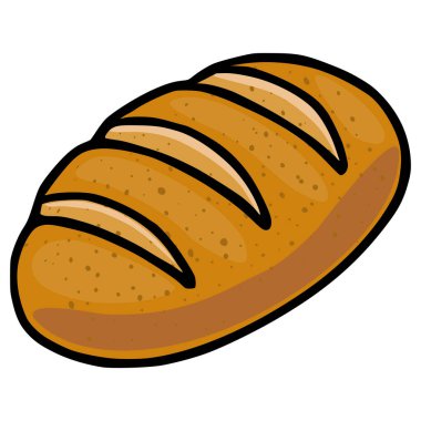 Tek bir somun altın-kahverengi ekmeğin vektör çizimi, titizlikle detaylandırılmış dört farklı puanla ve desenli bir yüzeyle, beyaz bir arka plana karşı çizgi film tarzında sunuluyor..