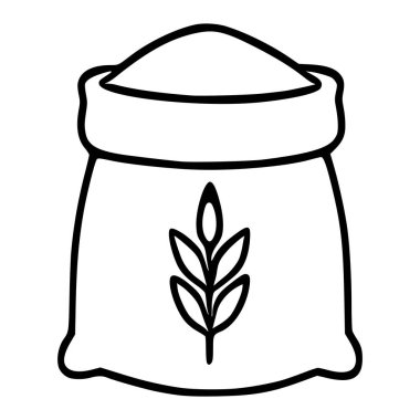 Un dolu bir çuval bezi örneğinin basit bir vektör çizimi, stilize buğday sapı amblemi, fırın ambalajı veya mutfak tasarımları için ideal.
