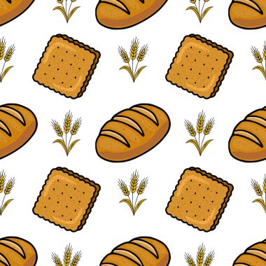 Fırın ürünlerinin kusursuz vektör deseni: ekmek somunları, krakerler ve buğday kulakları, el çizimi bir çizgi film tarzında, sıcak kahverengi ve altın renkli, gıda ambalajı veya fırın-t için mükemmel...