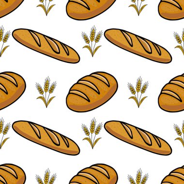 Elle çizilmiş altın-kahverengi somun ve baget ekmeği örneklerini içeren pürüzsüz vektör deseni stilize edilmiş buğday saplarıyla karışıp, kırsal bir fırın temalı tasarım yaratıyor..