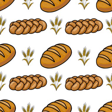 Elle çizilmiş tebeşir ekmeği, klasik somun ve buğday saplarını içeren kusursuz vektör deseni, rustik ve iştah açıcı bir fırın tasarımı yaratıyor..