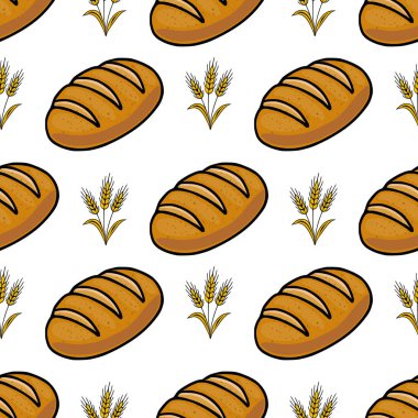 Köy ekmeğinin ve altın buğday saplarının kusursuz vektör deseni büyüleyici ve iştah açıcı bir fırın tasarımı yaratıyor..