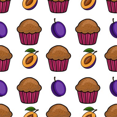 Lezzetli çikolatalı keklerin ve sulu eriklerin kusursuz vektör deseni, fırın markaları veya mutfak tasarımları için mükemmel bir örnektir..