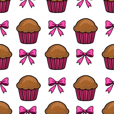 Çekici çikolatalı kekler ve pembe fiyonklar içeren kusursuz bir vektör deseni. Paketleme veya fırın markalaştırma için mükemmel lezzetli ve tatlı bir şekerleme tasarımı yaratıyor..