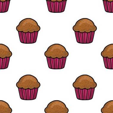 Kestane rengi kağıt bardaklarda el yapımı çikolatalı keklerin kusursuz vektör deseni, benekli bir doku ve biraz kusurlu bir stil, fırın markası veya tatlı temalı tasarımlar için ideal..