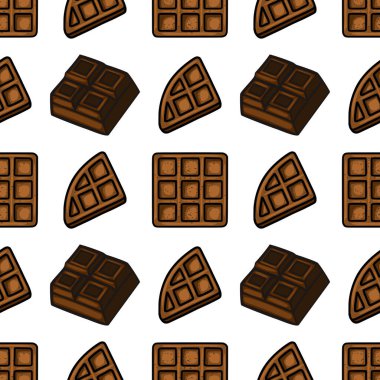 Lezzetli çikolatalı waffle ve çikolatalı gofret içeren kusursuz bir vektör deseni, gıda paketleme veya fırın markalaşması için enfes bir tasarım..