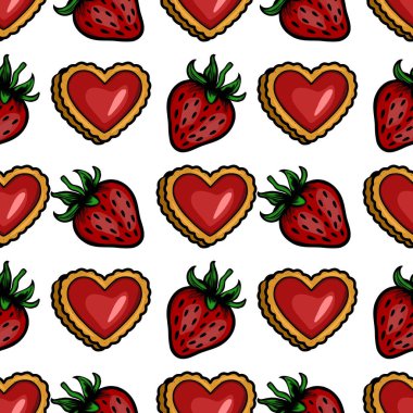 Kalp şeklinde çilekli reçelli kurabiyelerin ve olgun çileklerin elle çizilmiş resimlerini içeren kusursuz vektör deseni, canlı ve tatlı bir tasarım yaratıyor Sevgililer Günü ya da fırın için mükemmel....