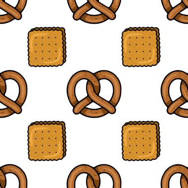 Pretzel ve kare krakerlerin el yapımı çizimlerini içeren kusursuz vektör deseni, sıcak kahverengi ve altın sarısı renkleri olan büyüleyici, kırsal bir stil sergiliyor, pastane ambalajı veya yiyecek-r için ideal....