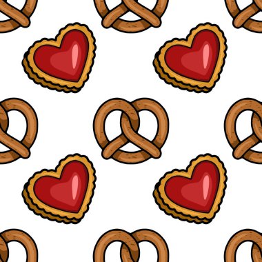 Elle çizilmiş krakerler ve kırmızı dolgulu kalp şeklinde kurabiyeler içeren kusursuz vektör deseni büyüleyici ve eğlenceli bir fırın temalı tasarım yaratıyor..