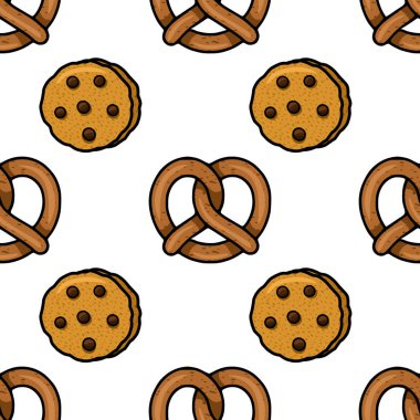 Çikolata parçalı kurabiyeler ve krakerlerin el çizimi resimlerini içeren kusursuz vektör deseni, kahverengi ve bej renk paleti ile eğlenceli, çizgi film tarzı, fırın temalı palet için ideal...